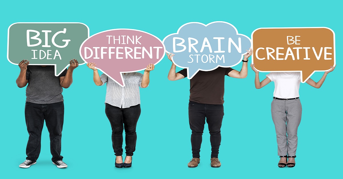 Diverse people with creative inspiration speech bubbles